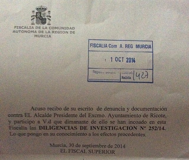 La fiscalía abre diligencias de investigación contra el alcalde de Ricote tras la denuncia de AIRE